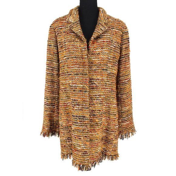CHANEL 2003 Multicolor Metallic Tweed Fringe Trim Long Blazer Coat size 42 US 10